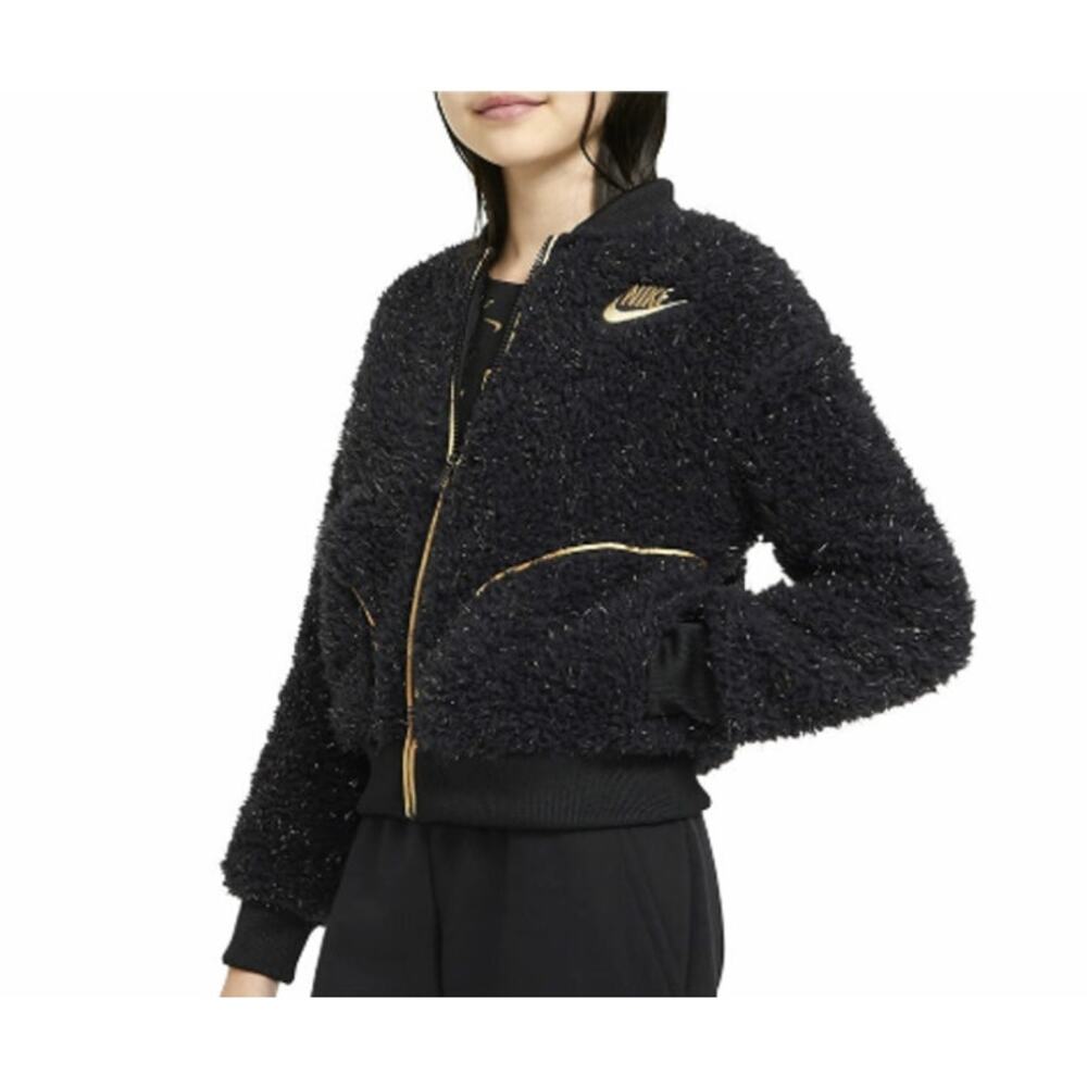 Nike Kids' Teddy Fleece Shine Bomber Jacket Black Gold Metallic Large